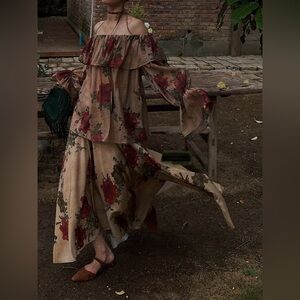 Plant-Dyed Rose Print floral Top and Skirt set